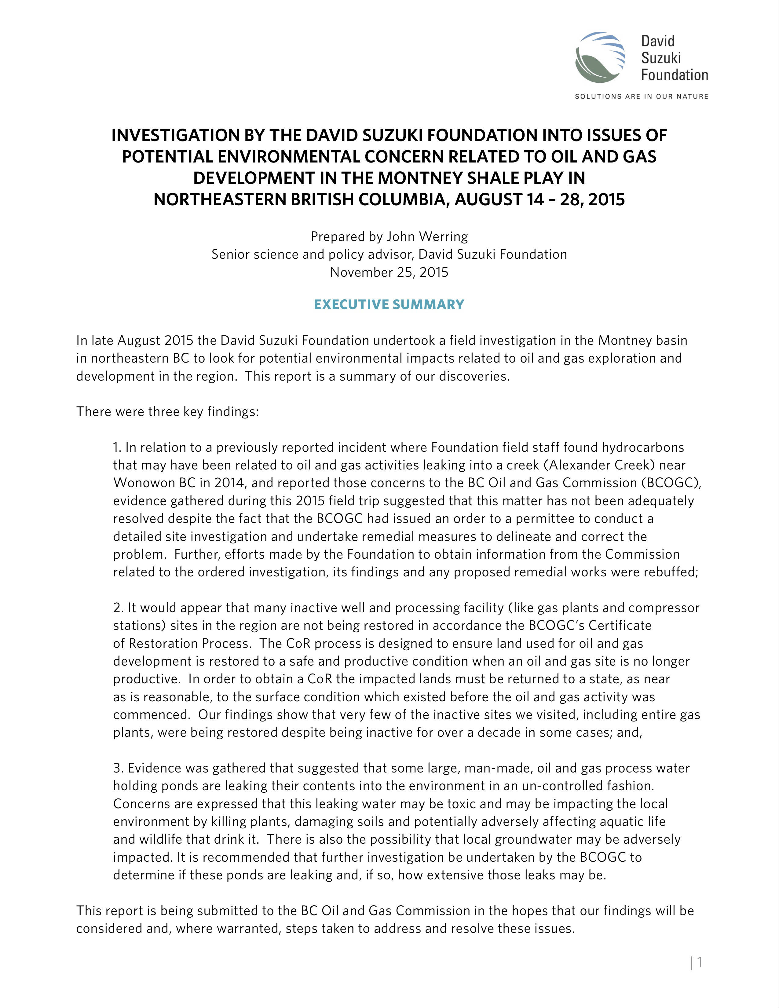 Investigation by the David Suzuki Foundation into Issues of Potential Environmental Concern Related to Oil and Gas Development in the Montney Shale Play in Northeastern British Columbia, August 14 – 28, 2015 cover