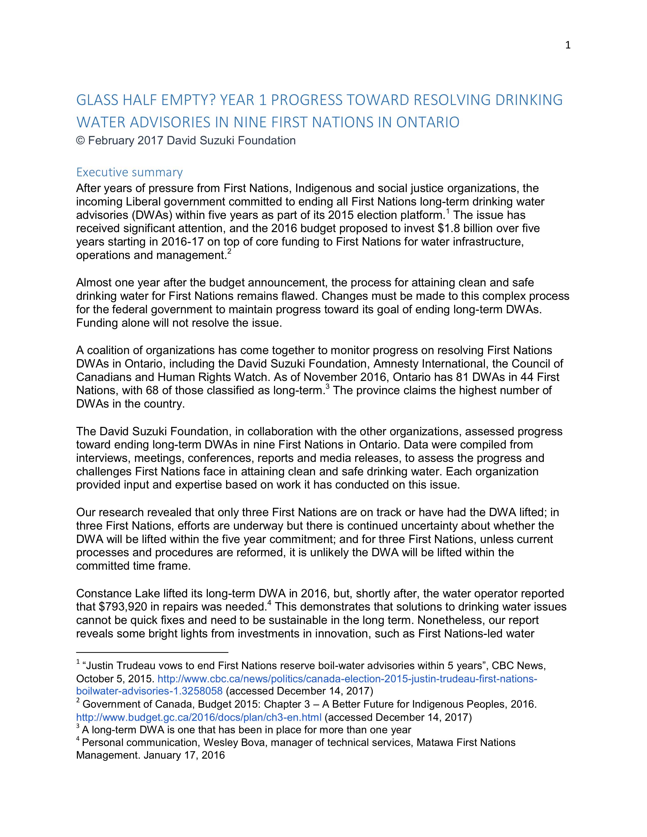 Executive summary — Glass half empty? Year 1 progress toward resolving drinking water advisories in nine First Nations in Ontario cover