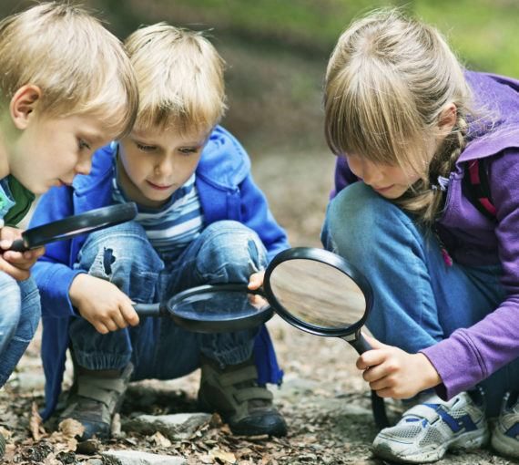Connecter les jeunes à la nature - trois enfants à l'extérieur avec des loupes